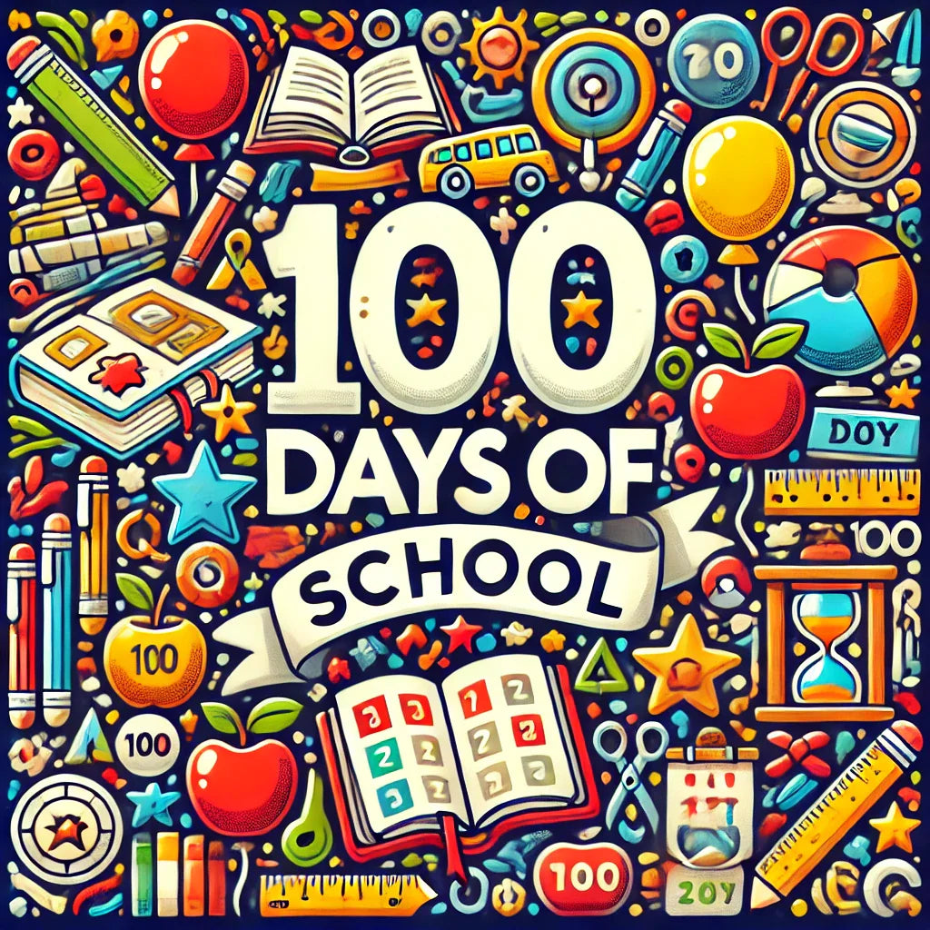 100 Days of School banner featuring colorful books, pencils, apples, and confetti in vibrant shades of red, yellow, blue, and green for fun and educational apparel in the USA.