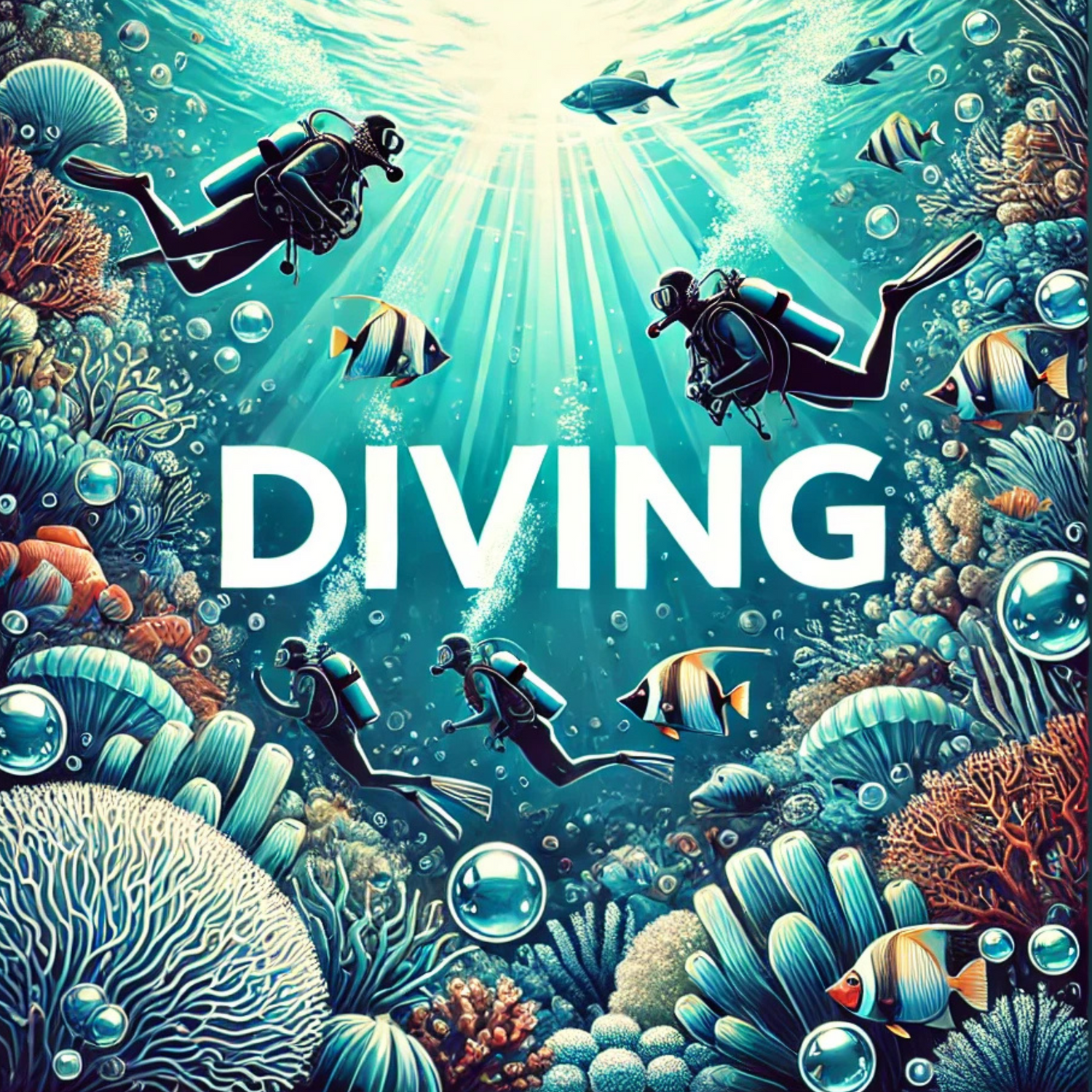 Diving banner featuring scuba divers, coral reefs, tropical fish, and bubbles with sunlight filtering through water for ocean adventure apparel in the USA.