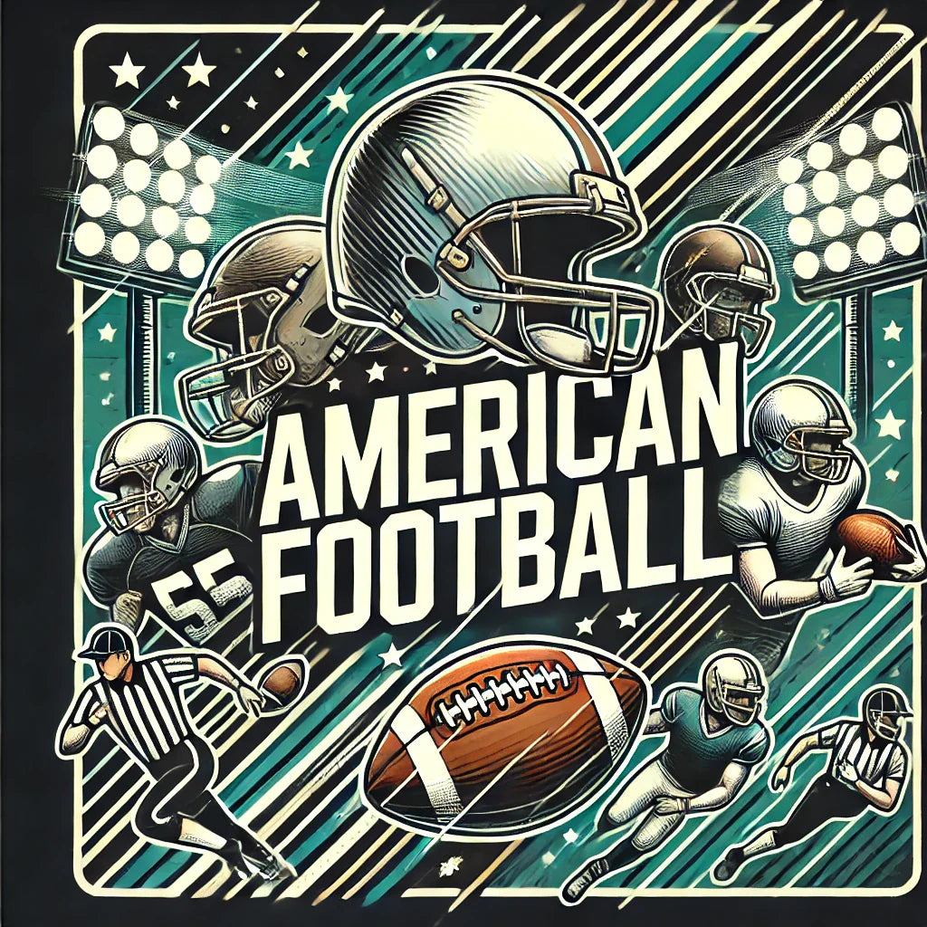 American Football banner featuring helmets, footballs, field lines, and stadium lights for dynamic and energetic sports apparel in the USA.