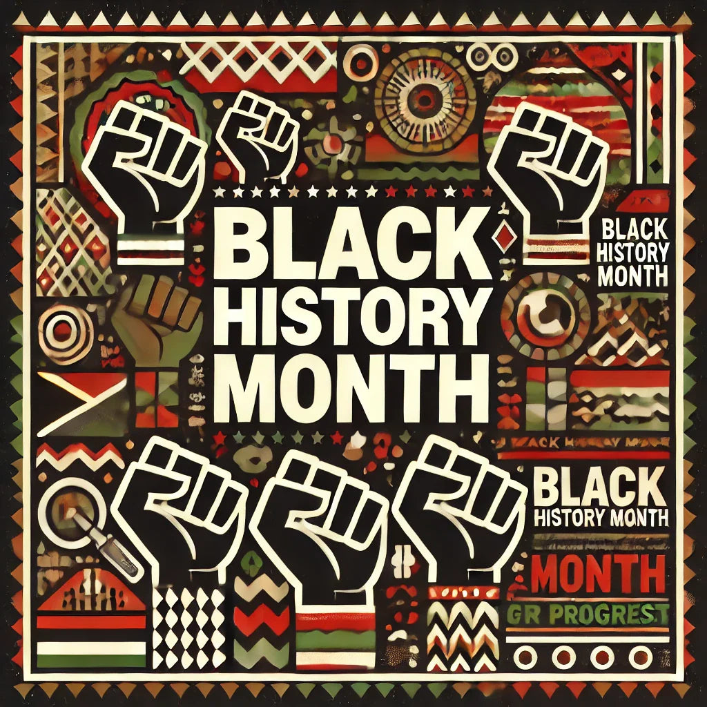 Black History Month banner featuring raised fists, African patterns, cultural symbols, and empowering quotes for meaningful and inspiring apparel in the USA.