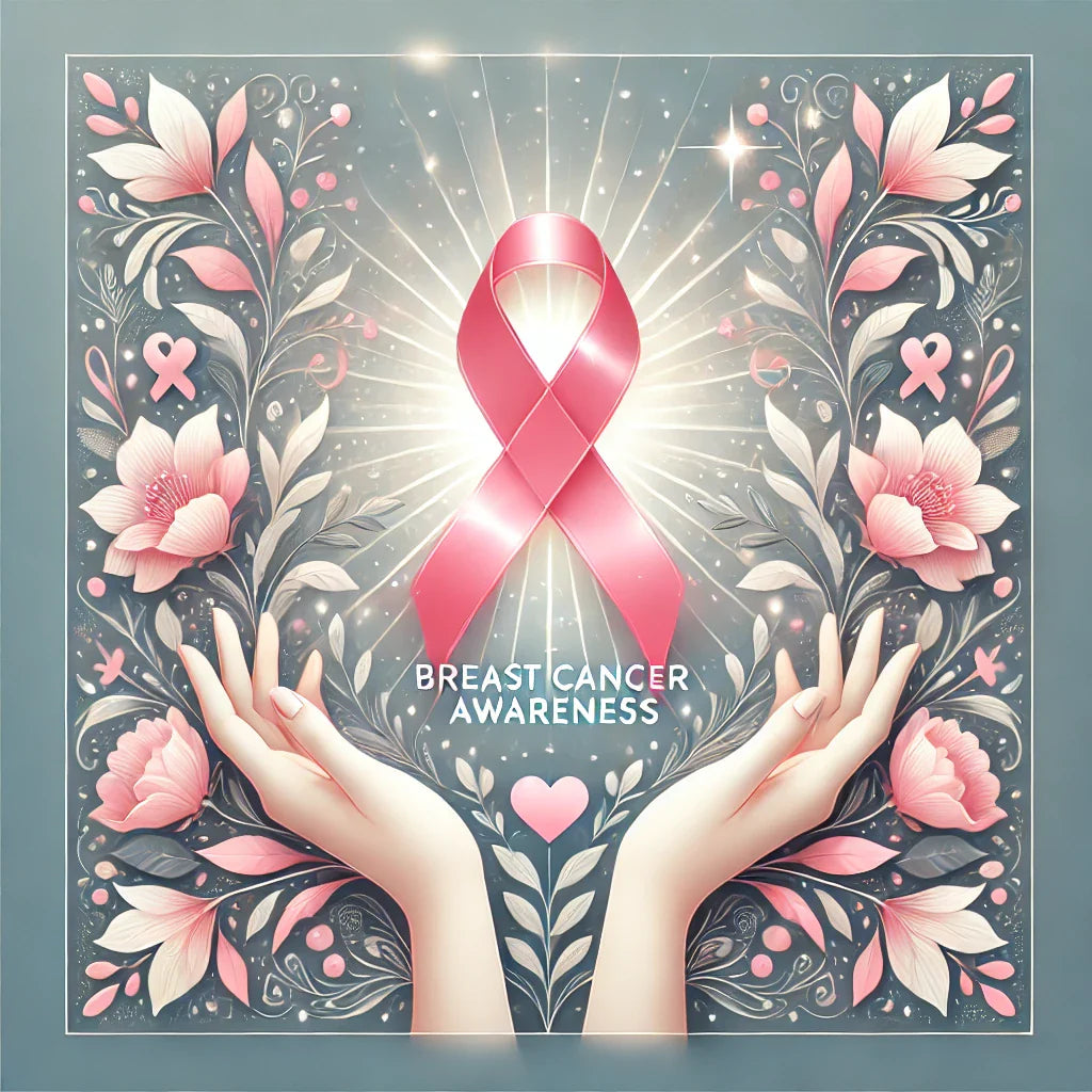 Breast Cancer Awareness banner featuring a pink ribbon, glowing light rays, and floral patterns symbolizing hope, support, and unity for breast cancer awareness in the USA.