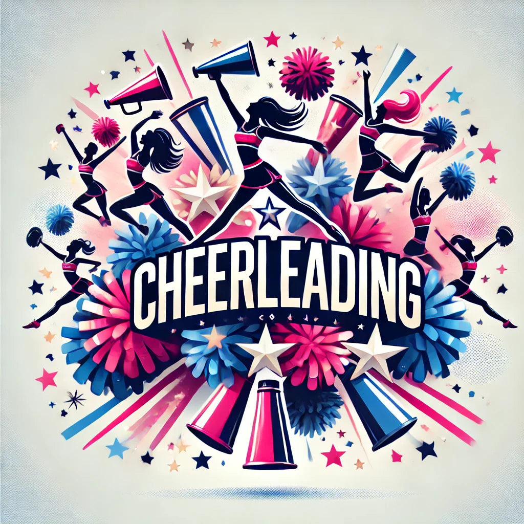 Cheerleading collection banner featuring pom-poms, megaphones, stars, and silhouettes of cheerleaders performing stunts, perfect for energetic and motivational apparel in the USA.