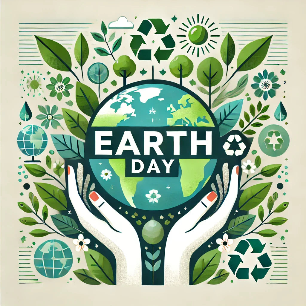 Earth Day banner featuring trees, leaves, a globe, and recycling symbols with hands holding the Earth for eco-conscious and sustainable apparel in the USA.