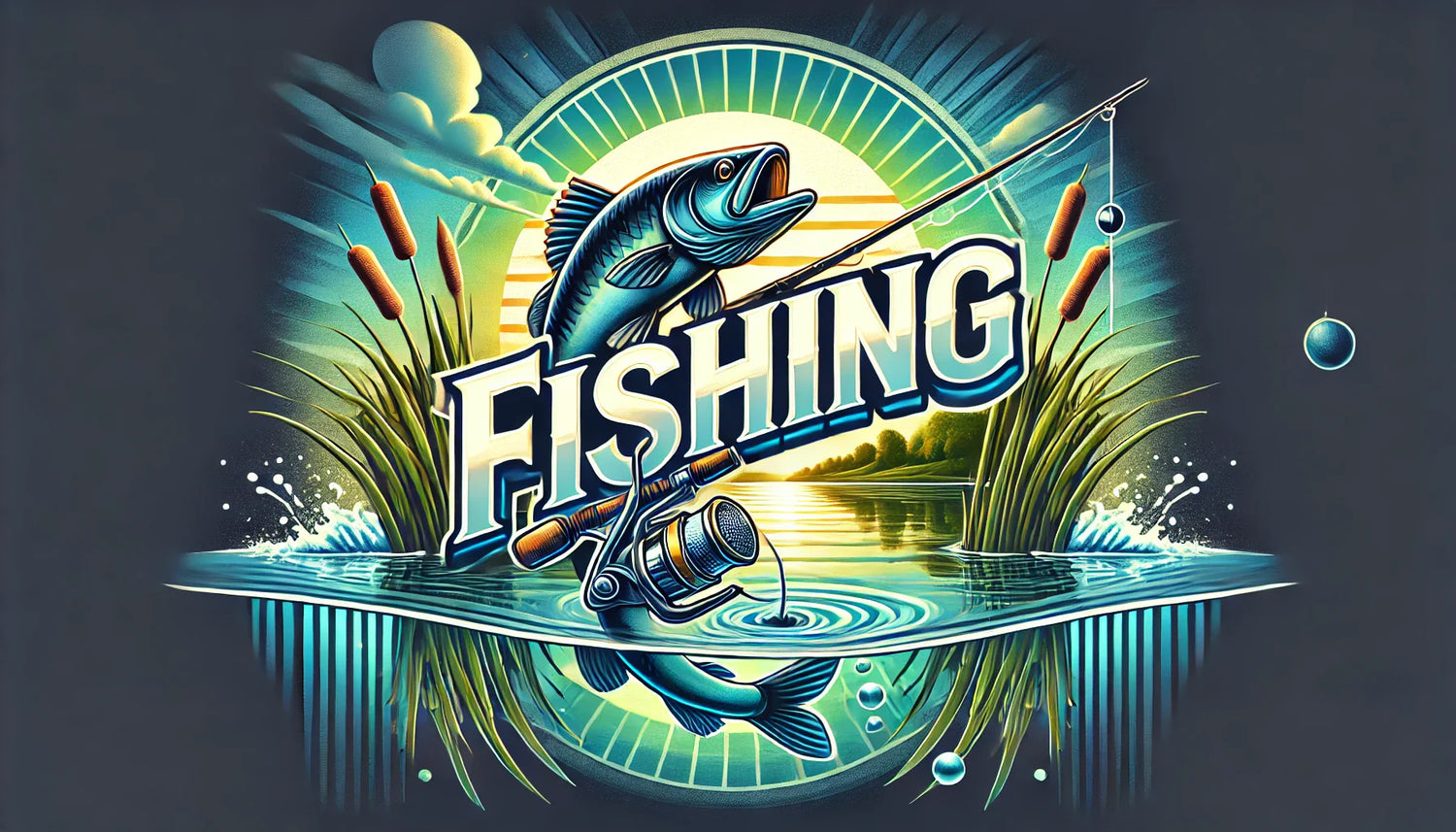 A vibrant 3D-style banner for a fishing-themed collection featuring a fishing rod, a jumping fish, and a scenic outdoor lake background. Perfect for fishing enthusiasts in the USA.