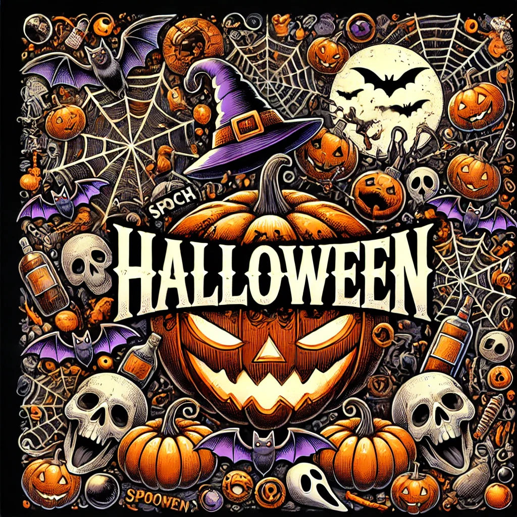 Halloween banner featuring glowing jack-o'-lanterns, bats, spiderwebs, and ghosts in festive orange, black, and purple tones for spooky and stylish apparel in the USA.