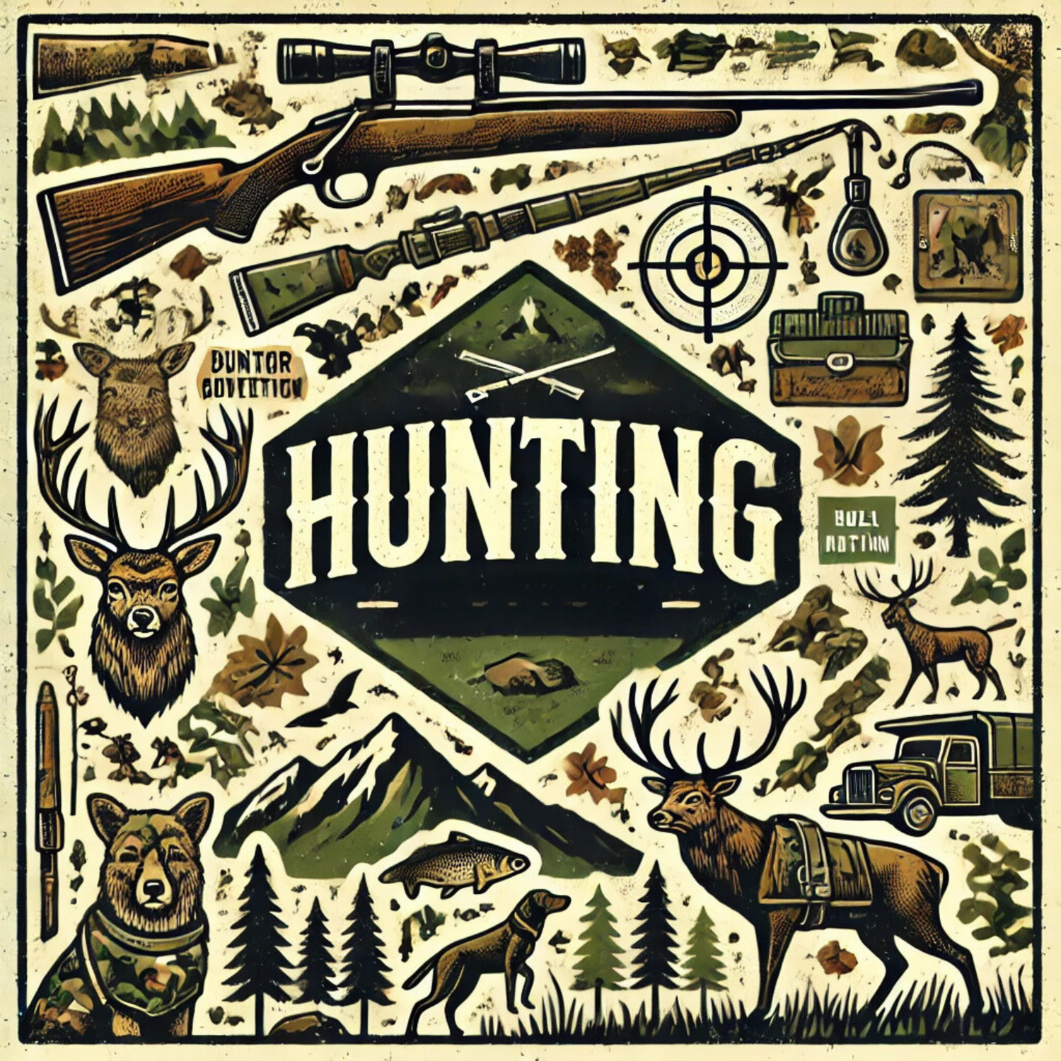Hunting banner featuring deer, forests, camo patterns, rifles, and mountains in earthy tones for outdoor and adventure apparel in the USA.