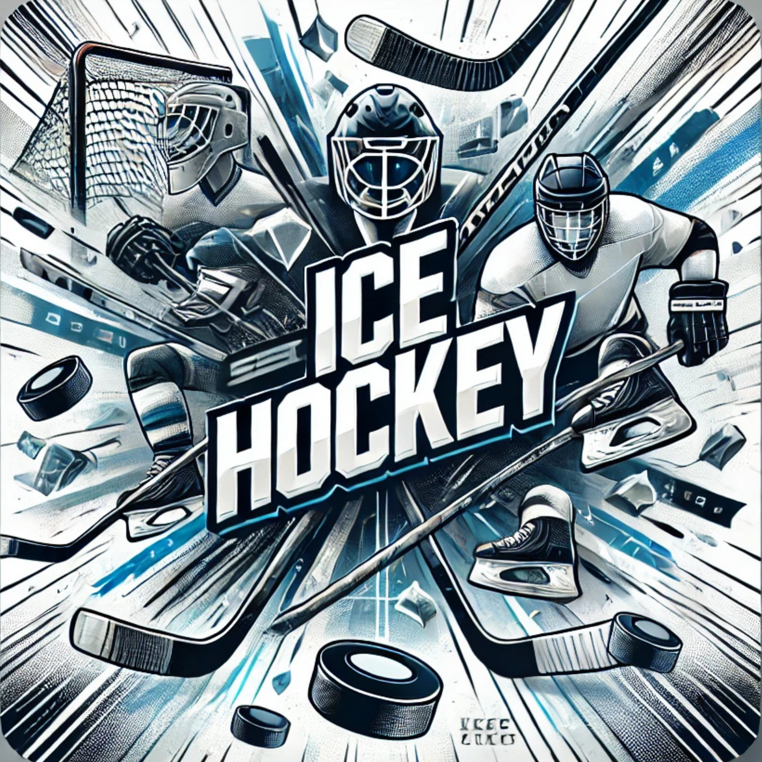 Ice Hockey banner featuring hockey sticks, pucks, helmets, and ice rink patterns with motion lines and ice shards for dynamic sports apparel in the USA.