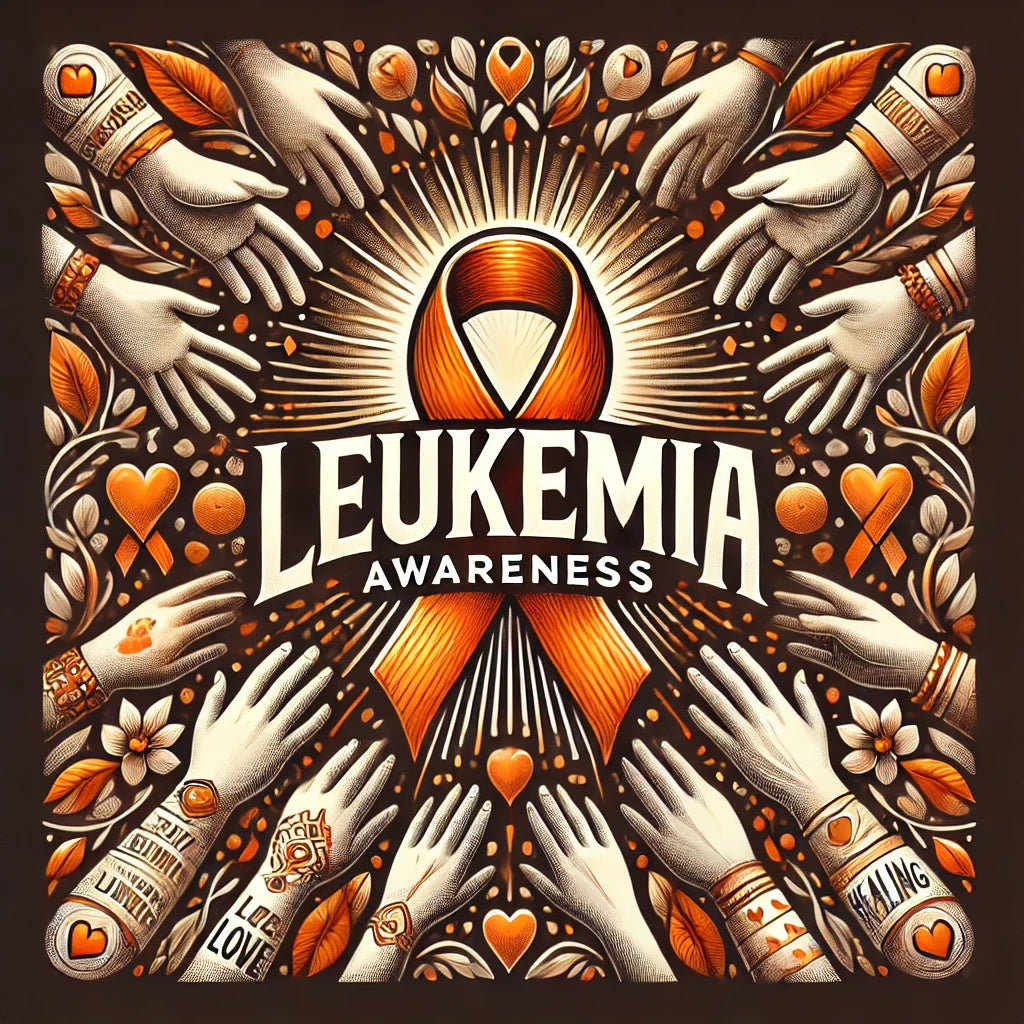 Leukemia Awareness banner featuring a bold orange ribbon with glowing light rays, hands, and hearts, symbolizing hope, unity, and support for leukemia awareness in the USA.